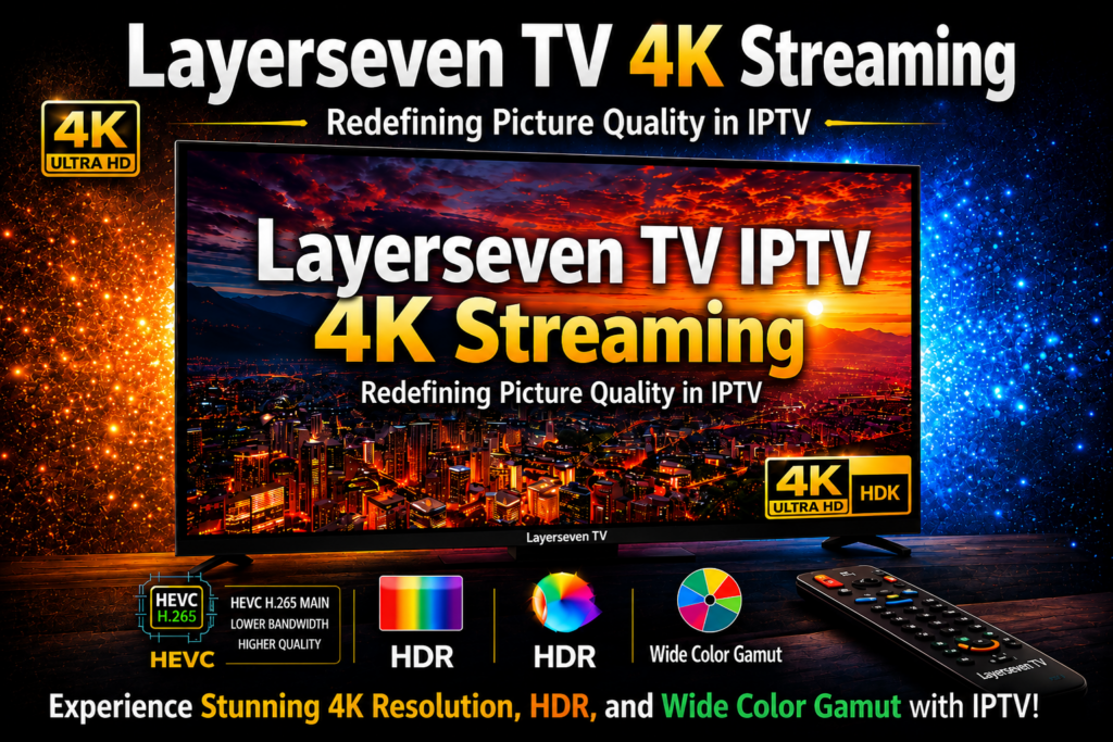 Layerseven TV 4K streaming showcasing ultra high-definition IPTV picture quality on smart TV and devices.